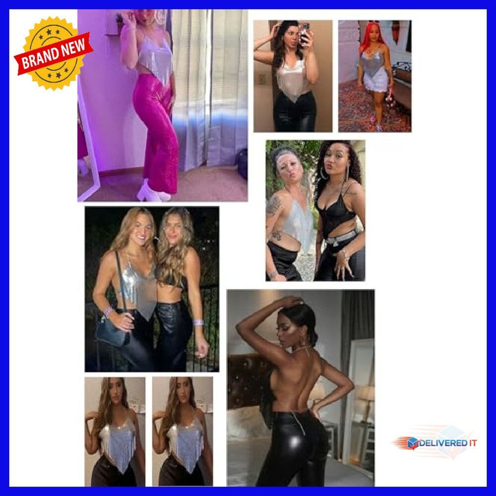 Metallic Sequin Rhinestone Halter Backless Crop T… - image 6